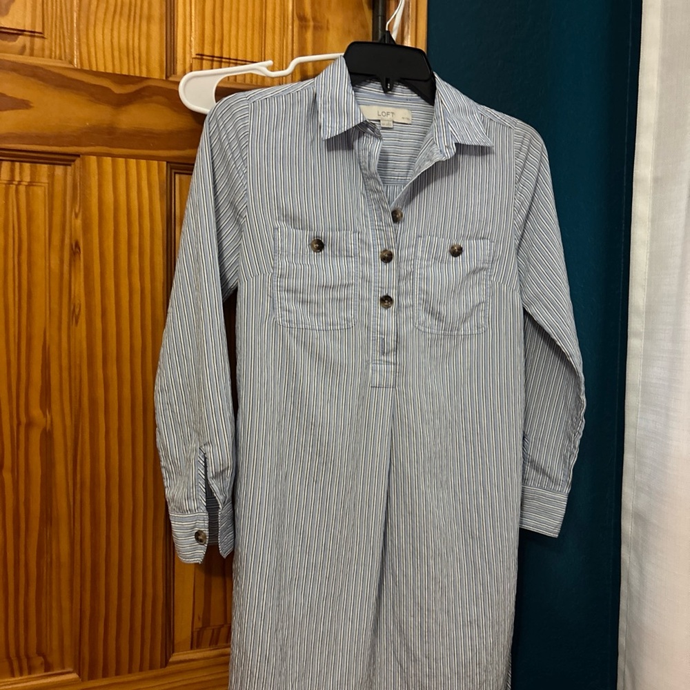 LOFT Petite Blue Striped Button-Up Dress XSP